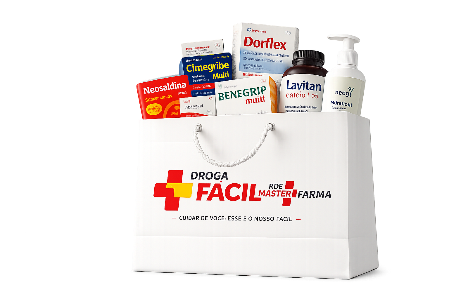 Sacola oficial da Droga Fácil Master Farma com medicamentos e produtos de cuidado